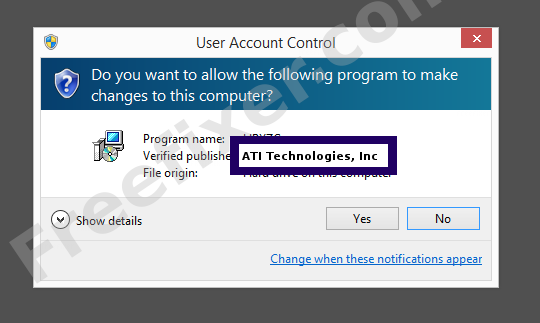 Screenshot where ATI Technologies, Inc appears as the verified publisher in the UAC dialog